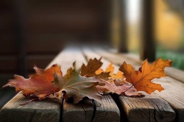 Ahorn- und Eichenblätter auf der Holzbank Herbsttag