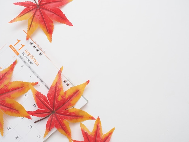 Ahornblatt auf dem weißen Herbstkonzept des Draufsichtkopienraumes des Kalenders