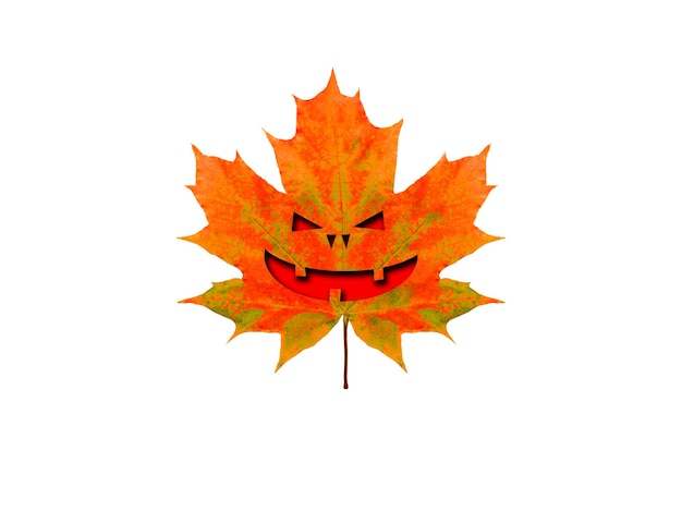 Ahornblatt mit Halloween-Gesicht isoliert auf weißem Hintergrund