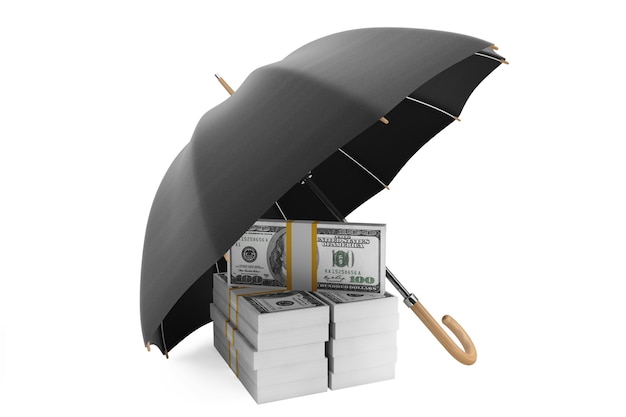 Ahorre el concepto de dinero. Pila de billetes bajo el paraguas sobre un fondo blanco.