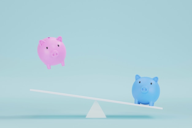 Ahorre dinero y concepto de inversión. Hucha rosa y azul en balancín. Ilustración 3d