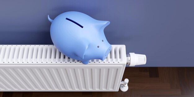 Ahorro en el costo de la energía en invierno Piggy bank en la calefacción radiador fondo de pared azul