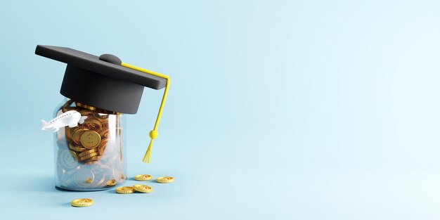 Ahorro de dinero para estudiar en el extranjero diseño de concepto de gorro de graduación y monedas de oro con espacio de copia 3D Render