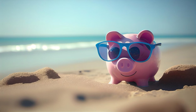 Ahorro de hucha rosa con gafas de sol sobre fondo de arena de playa en un día soleado de vacaciones