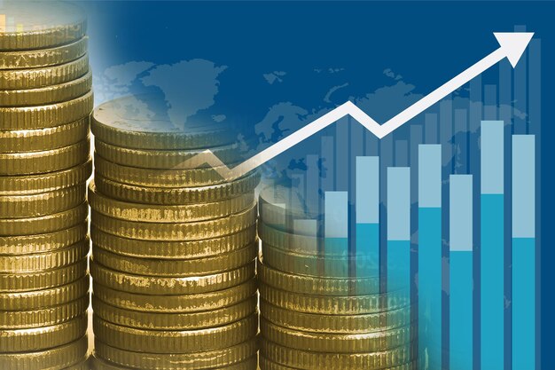 Ahorro de monedas de pila con gráficos y gráficos Cuentas financieras Estadísticas Datos de investigación analítica economía Comercio de bolsa y concepto de negocios