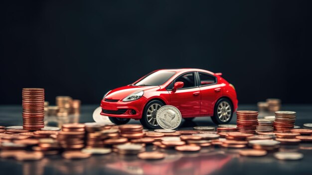 Ahorros para la compra de automóviles El automóvil rojo con monedas representa el impuesto al automóvil, la financiación, el seguro y los préstamos.