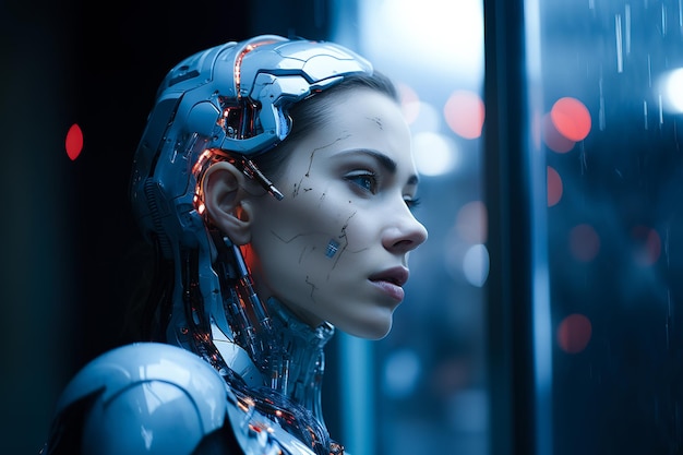 Ai android de Futuristic Um robô humanoide com iluminação cinematográfica Conceito de Inteligência Artificial