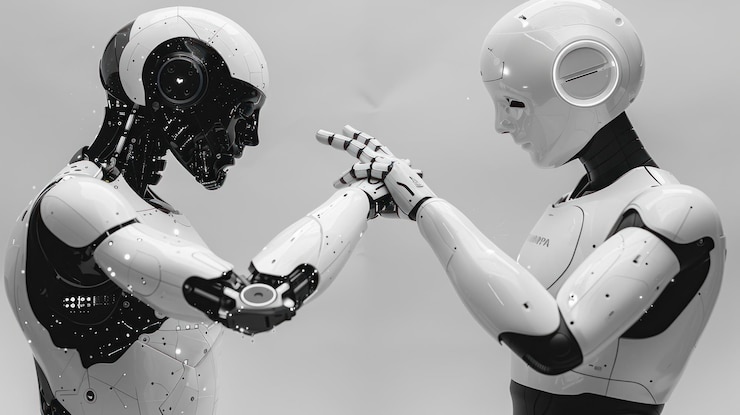 Foto ai aprendizaje automático manos de robot y contacto humano en una red de big data