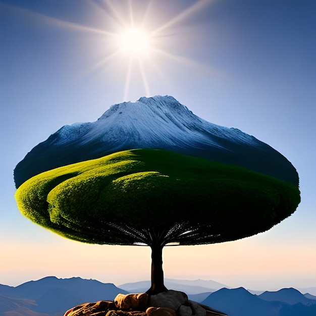 AI art foto pintura de un árbol en la cima de una montaña generativa