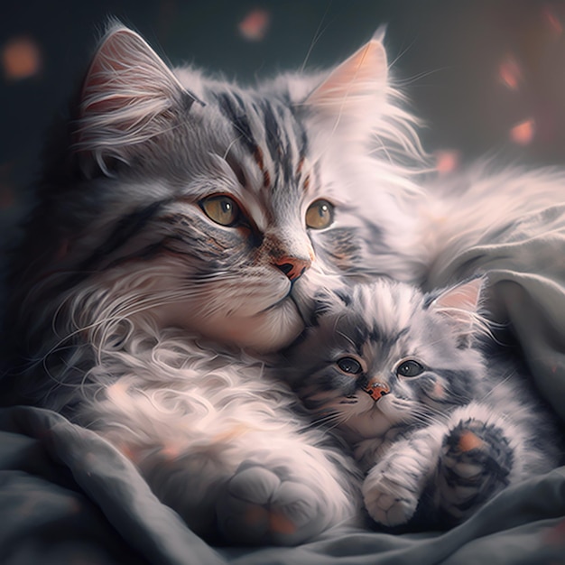 Ai art gato e bebê gato fotos Foto ilustração generativa de adorável gato cinza fofo