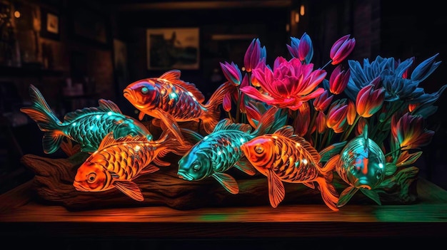 AI-Bild der Neon-Abstraktion mit Blumen und Fischen