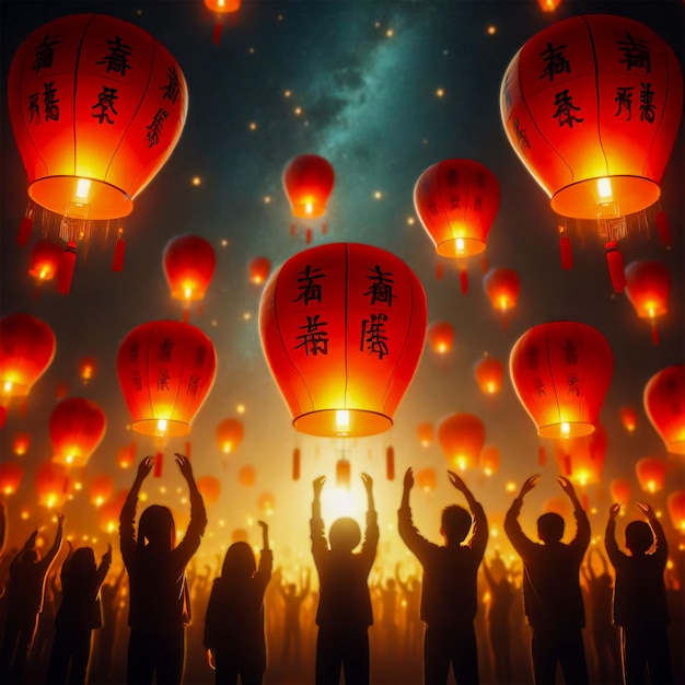 Ai Bilder einer Person, die Hand hält und eine rote chinesische Neujahrslampen mit Nachthimmel und Stern fliegt