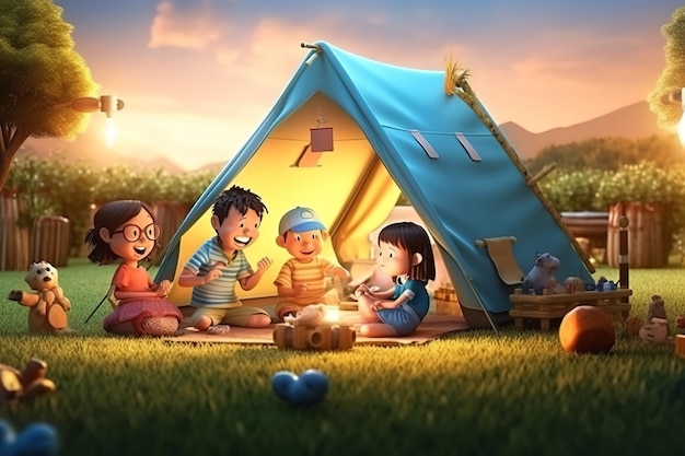 AI en el bosque al aire libre Escena de vacaciones de campamento familiar en 3D