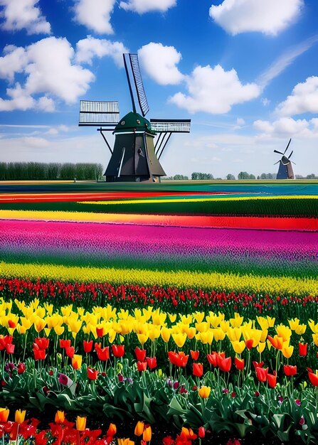 Foto ai de campos de tulipanes nubes espumosas y molino de viento en el hermoso paisaje de los países bajos