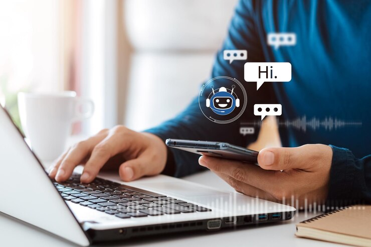 Foto ai chatbot concepto de aplicación de servicio digital inteligente al cliente aplicación móvil de computadora utiliza inteligencia artificial chatbots responden automáticamente a los mensajes en línea para ayudar a los clientes al instante