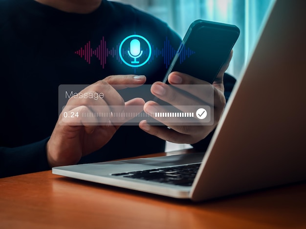AI-Chatbot-Konversation und Sprachsuche Automatisierung Spracherkennungstechnologie Konzept Persönliche Konversationsassistent-Technologie mit digitaler Schallwellen-Audio-Grafik auf Smartphone in der Hand