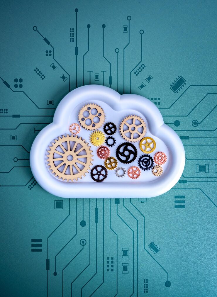 Foto ai cloud computing and system workflow concept with cloud shape filled with gears on technology circuit background represents automation infrastructure digital integration and data processing