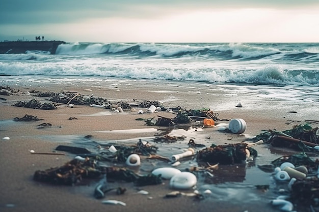 Foto ai contaminación generativa del agua del océano por desechos plásticos y basura.