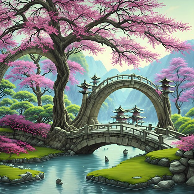 AI da arte de pintura de aquarela japonesa com pagode serena e bela paisagem