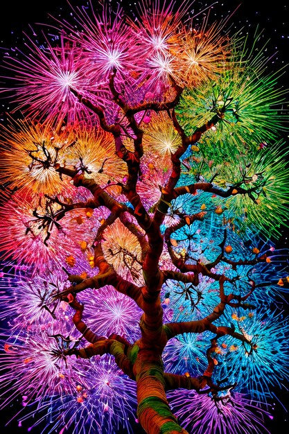 Foto ai da árvore enorme e mágica colorida com um caleidoscópio de cores rebentando