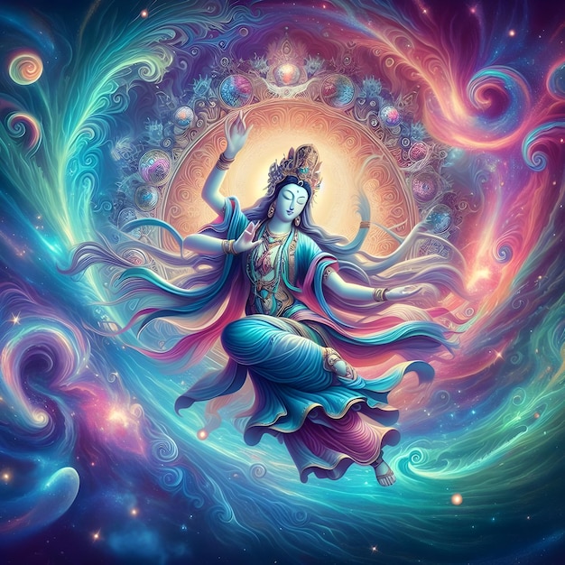 AI da Deusa Guanyin em uma dança galáctica simbolizando o cósmico da incorporação física da compaixão