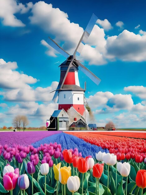AI de campos de tulipas nuvens fofinhas e moinho de vento na bela paisagem da Holanda