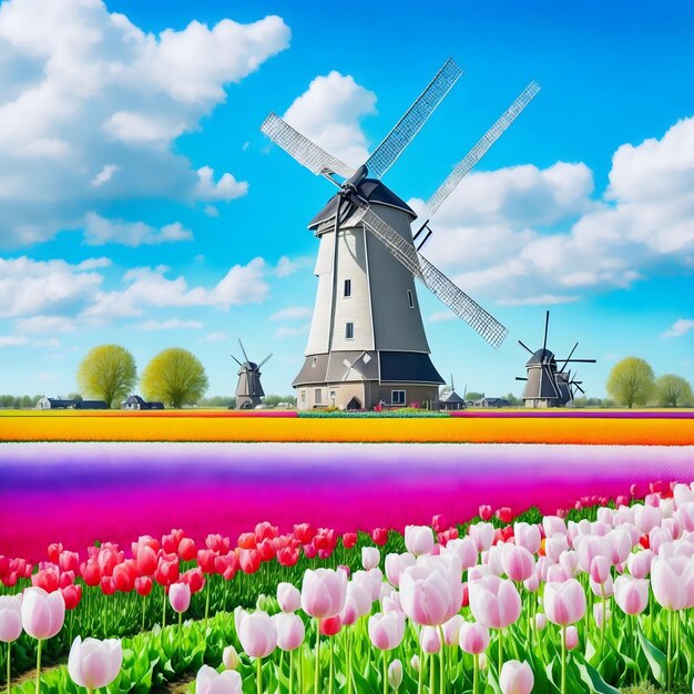 AI de campos de tulipas nuvens fofinhas e moinho de vento na bela paisagem da Holanda