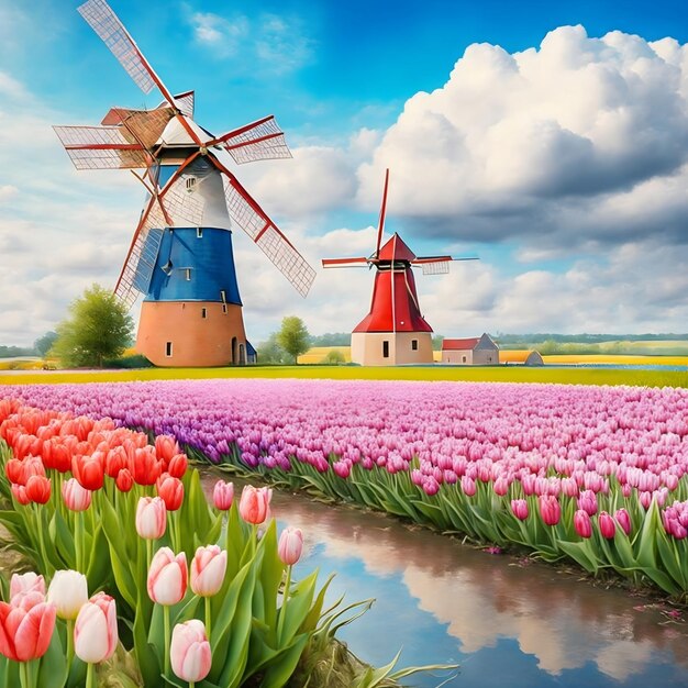 AI de campos de tulipas nuvens fofinhas e moinho de vento na bela paisagem da Holanda