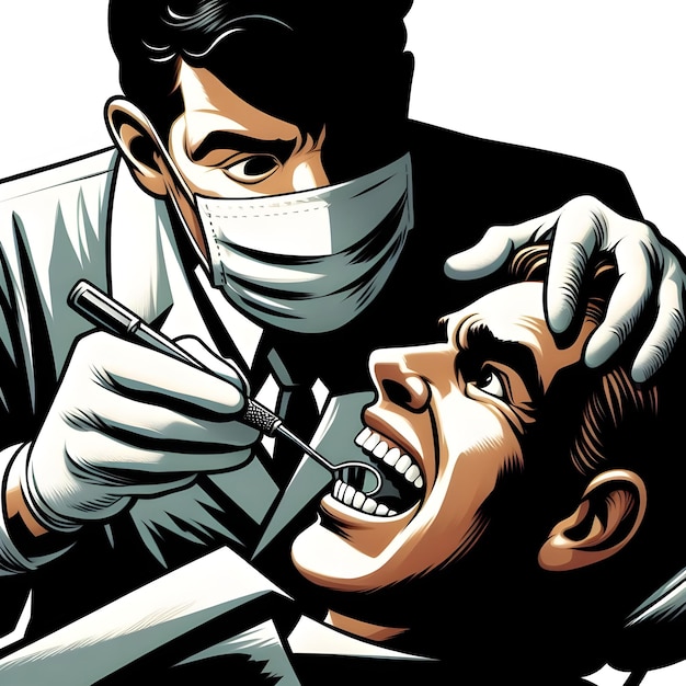 AI de cena de caricatura engraçada de dentistas de mão extrair dentes de pacientes em silhueta