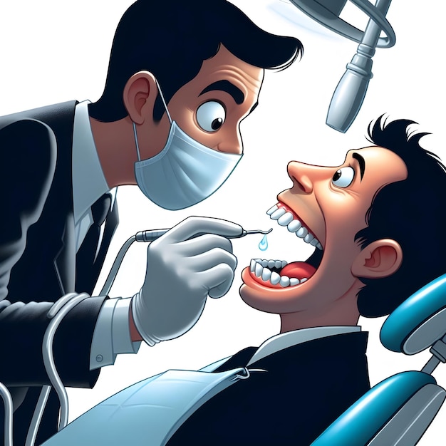 AI de cena de caricatura engraçada de dentistas de mão extrair dentes de pacientes em silhueta