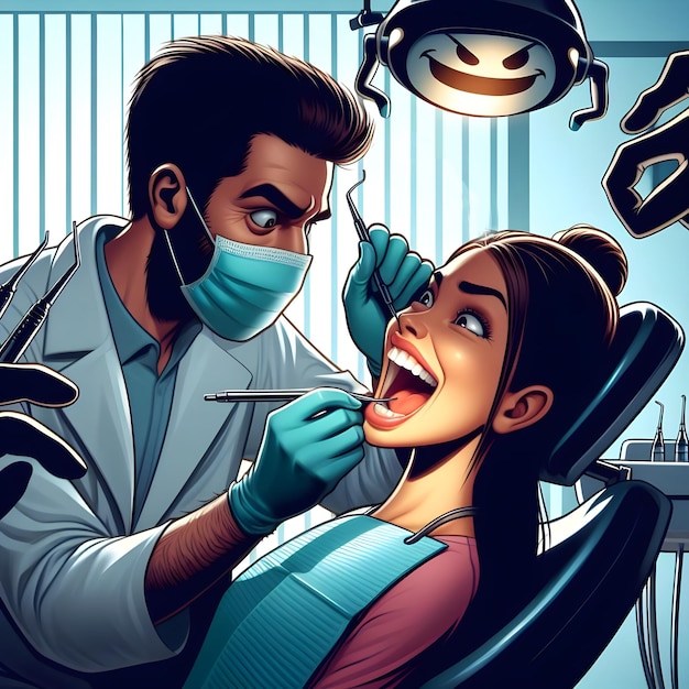 AI de cena de caricatura engraçada de dentistas de mão extrair dentes de pacientes em silhueta