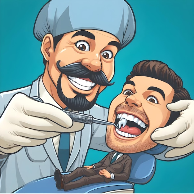 AI de cena de caricatura engraçada de dentistas de mão extrair dentes de pacientes em silhueta