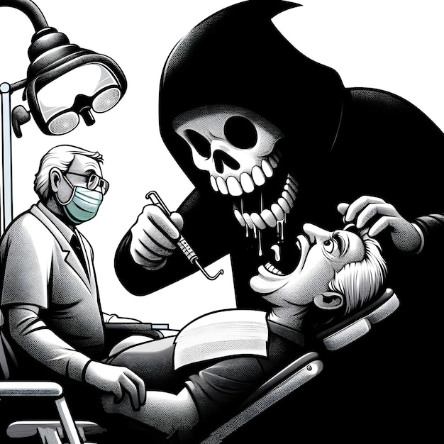 AI de cena de caricatura engraçada de dentistas de mão extrair dentes de pacientes em silhueta