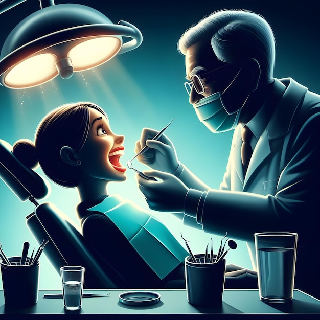 AI de cena de caricatura engraçada de dentistas de mão extrair dentes de pacientes em silhueta