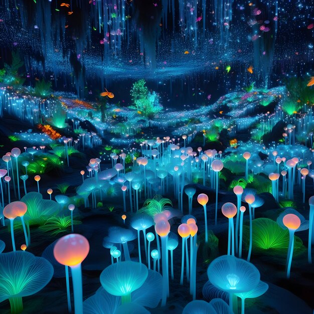 Foto ai de fantasia planta de pandora de plantas bioluminescentes coloridas no mar cristais luminosos e fogo