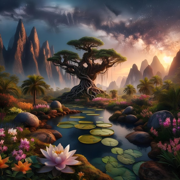 AI de fantasia terraformada paisagem de cordilheira tropical asiática jardim florido