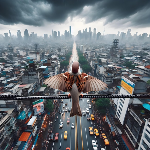 AI de pássaro passarinho de pé em um fino fio elétrico a uma altura enorme em uma rua movimentada paisagem sk
