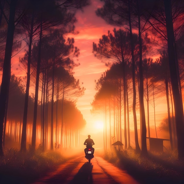 AI de silhueta de uma pessoa montando sua motocicleta na distância durante o pôr do sol