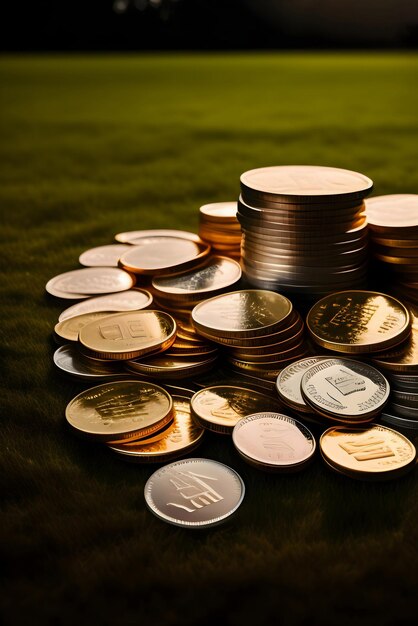 AI de uma pilha de moedas coletadas em vários tipos de recipientes