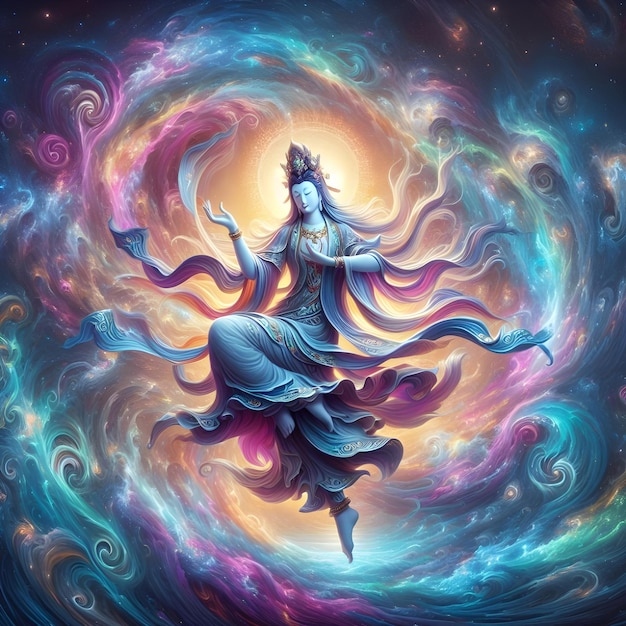 AI der Göttin Guanyin in einem Galaxietanz, der das Kosmische der physischen Verkörperung des Mitgefühls symbolisiert