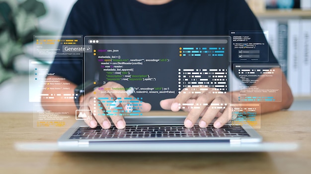 AI developer coding on laptop and tablet virtual interface data visualization and programming code