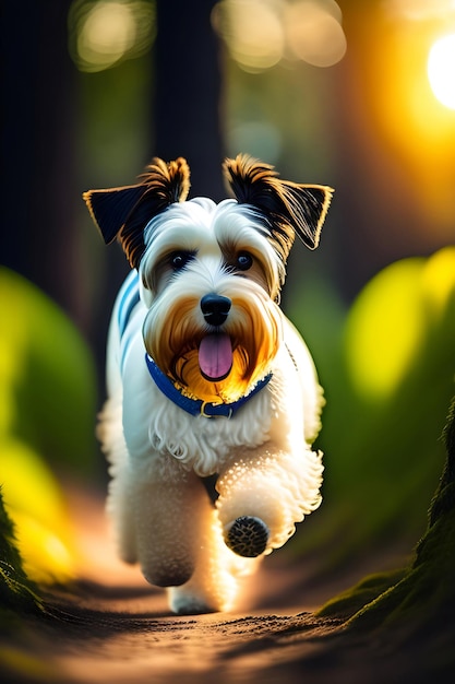 AI do lindo cão doméstico feliz vagando no parque durante a hora dourada