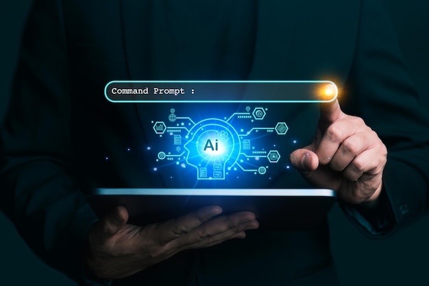 Ai empresário de tecnologia mostrar gráfico virtual Chat com IA Inteligência Artificial usando prompt de comando para gera algo transformação de tecnologia futurista