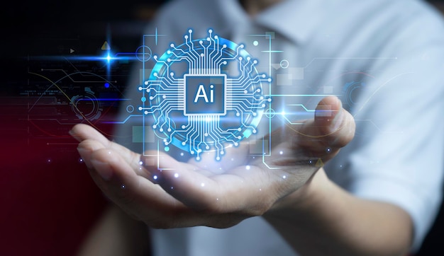 Ai empresario de tecnología muestra gráfico virtual Internet global conectarse Chatgpt Chatear con IA Inteligencia artificial usando el indicador de comandos para genera algo transformación tecnológica futurista