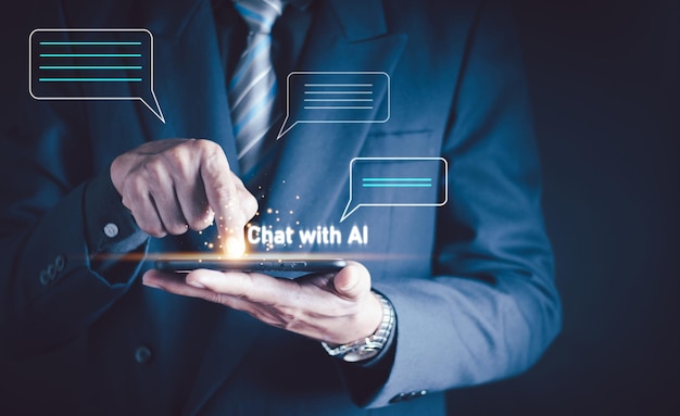 Ai empresario de tecnología que utiliza tecnología Internet global conectarse Chatgpt Chatear con IA Inteligencia artificial usando el mensaje de comando para genera algo transformación tecnológica futurista