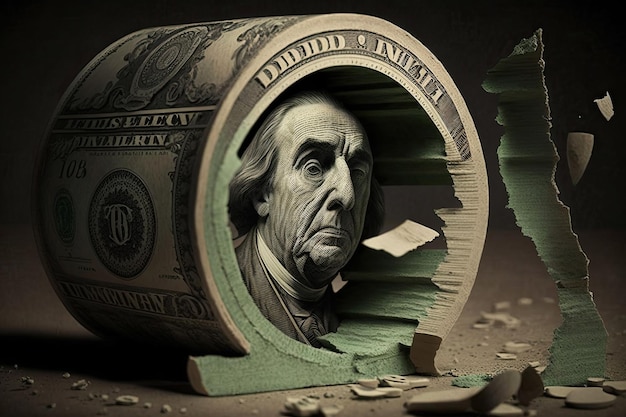 Ai erzeugt Illustration Inflationswort unter dem zerrissenen Dollarschein Economist prognostiziert für die US-Wirtschaft Inflationskrise der Vereinigten Staaten