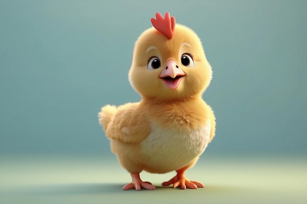Foto ai erzeugte eine 3d-animation eines kleinen gelben hühnchens mit einem niedlichen lächeln und einer stehenden pose