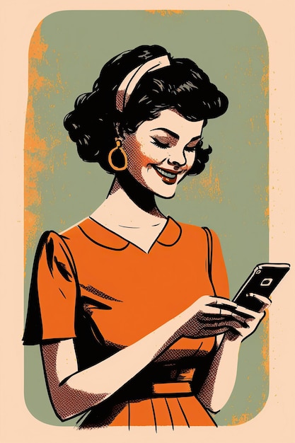 Ai erzeugte eine Illustration einer Geschäftsfrau, die auf ein Smart-Mobiltelefon schaut