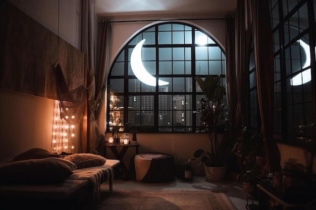 Ai erzeugte eine Illustration eines modernen Schlafzimmers mit Halbmondlicht