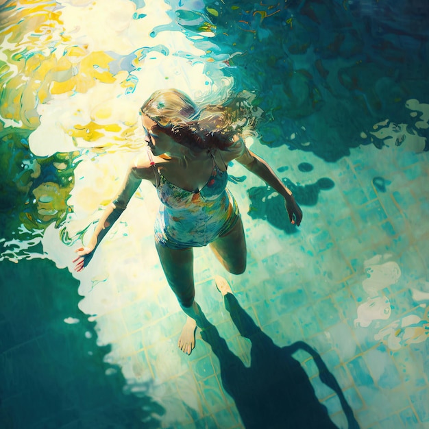 Ai erzeugte eine Illustration von oben, in der ein Mädchen das Wasser im Schwimmbad genießt
